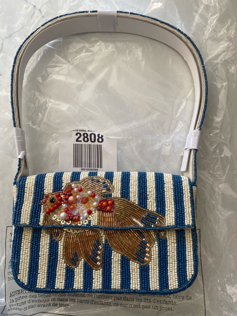 Anthropologie Fiona Goldfish Blue and White Beaded Shoulder Bag